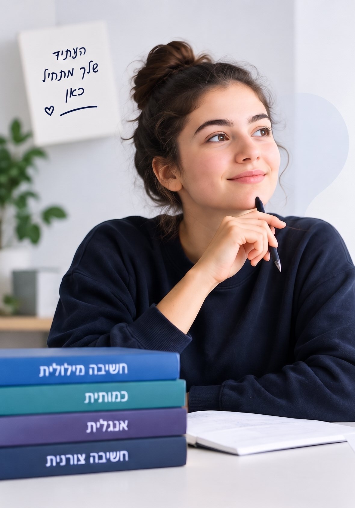 תלמידה יושבת מול המחשב עם ספרי הכנה לפסיכומטרי